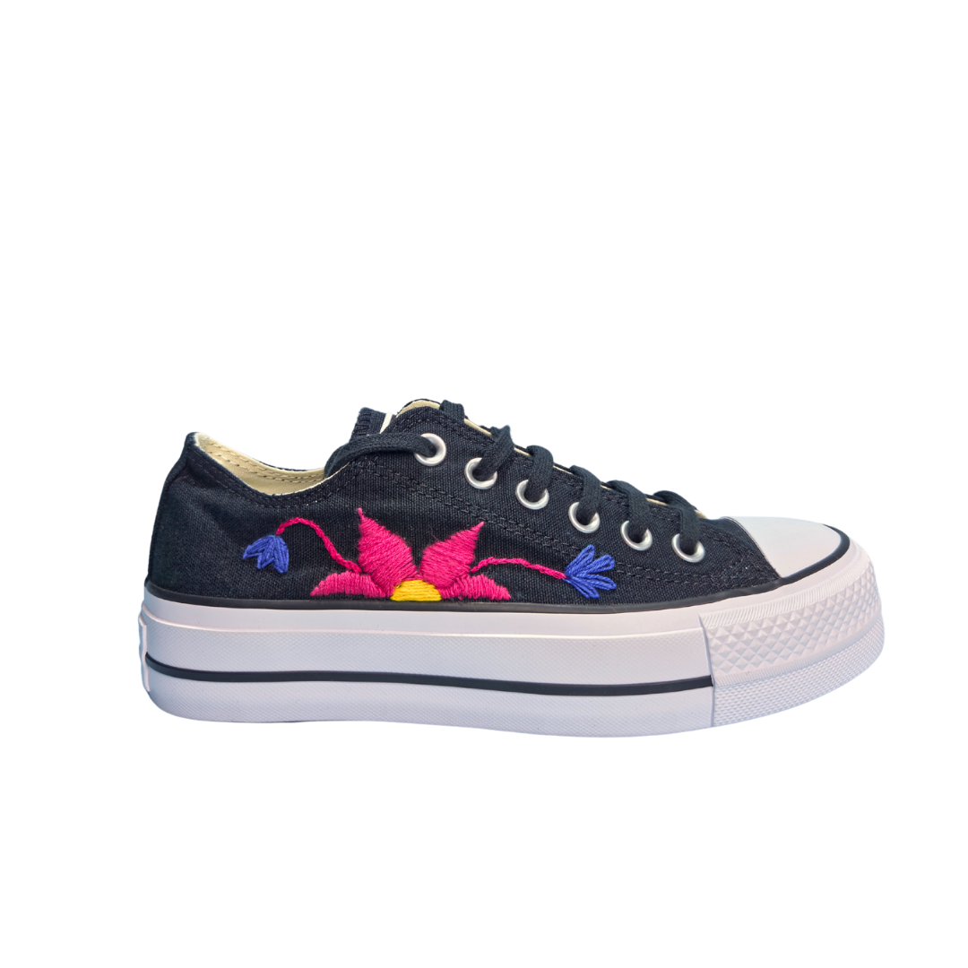 Sneakers Platform nere ricamo "Campi in fiore"