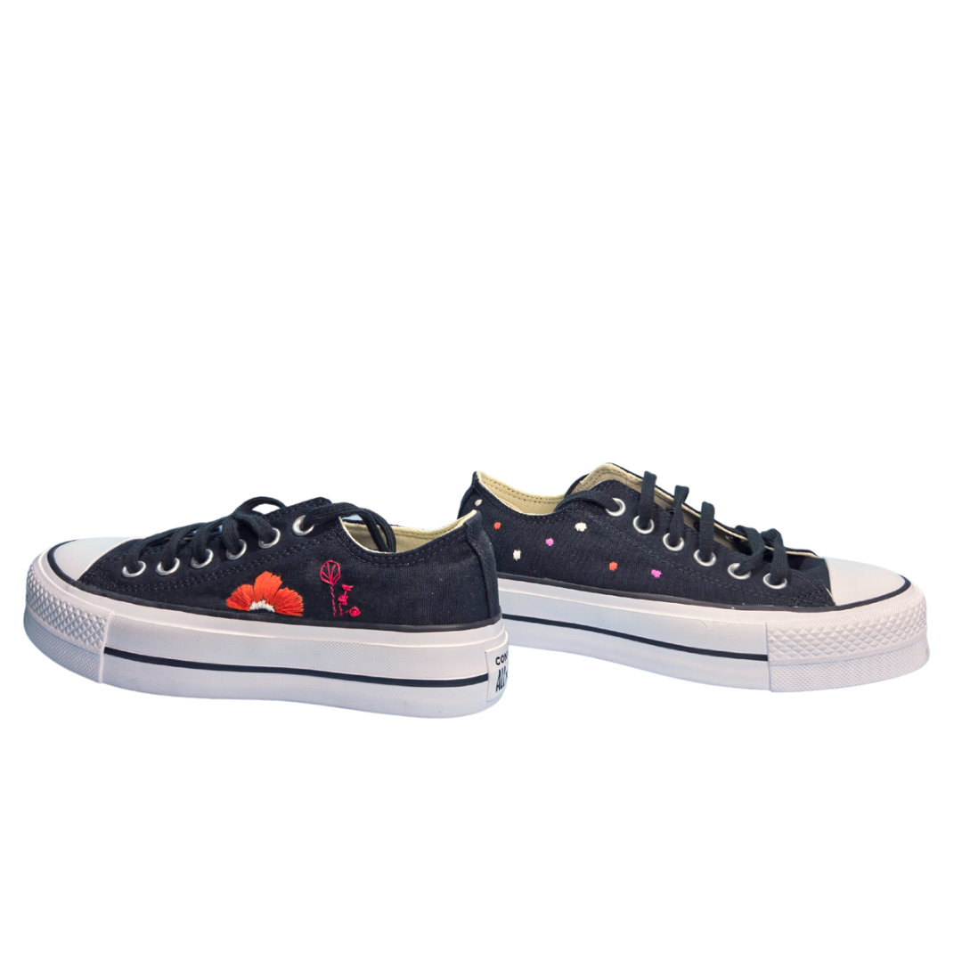 Sneakers Platform nere ricamo "Pop and flower"