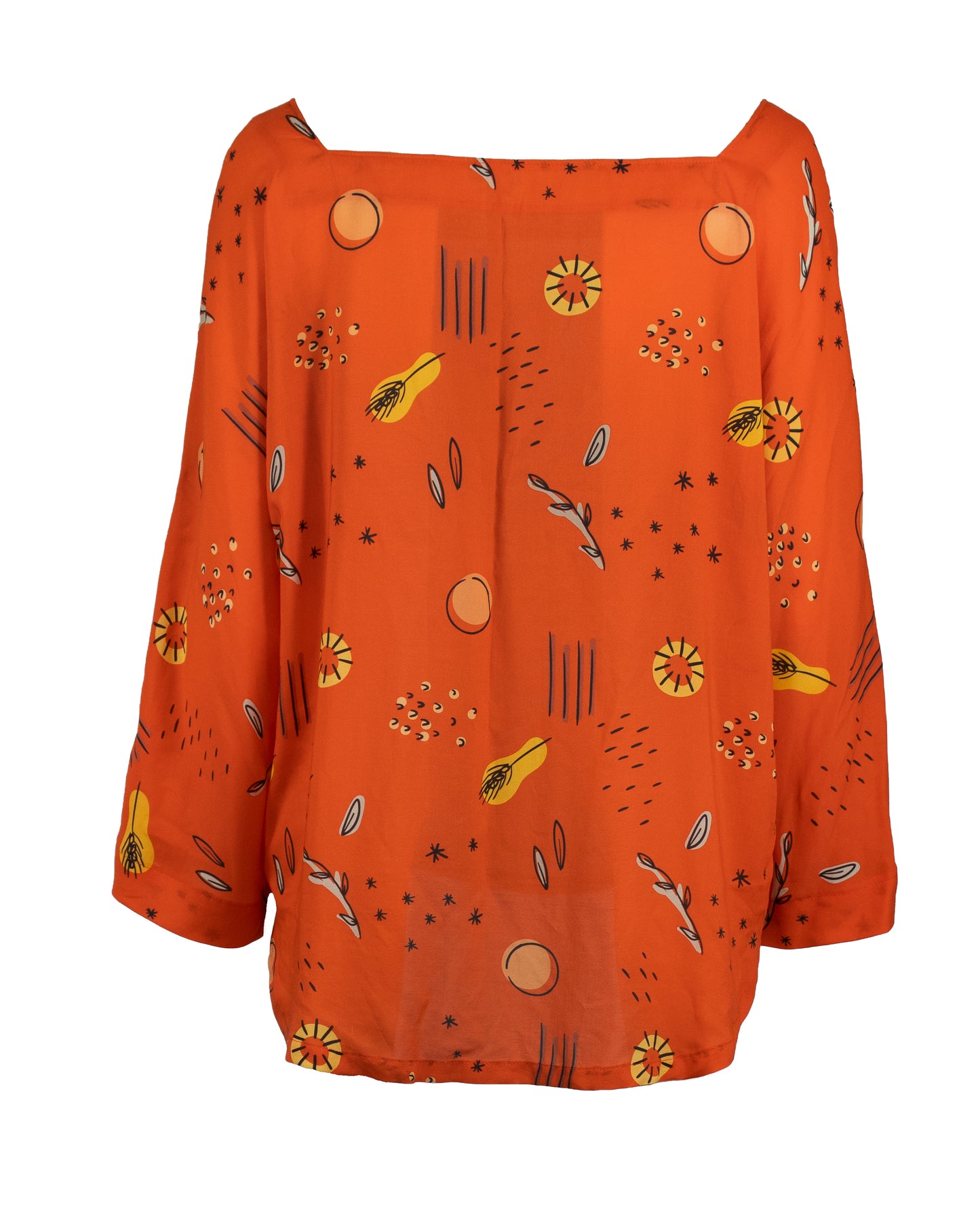 blusa con scollo quadrato e maniche a kimono, arancione con fantasia multicolore