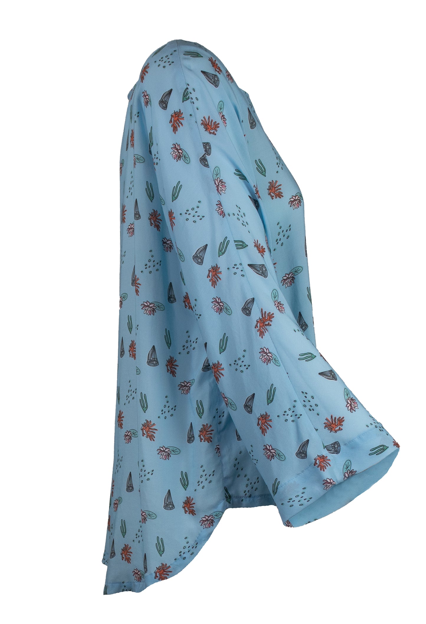 blusa con scollo quadrato e maniche a kimono, celeste con fantasia multicolore