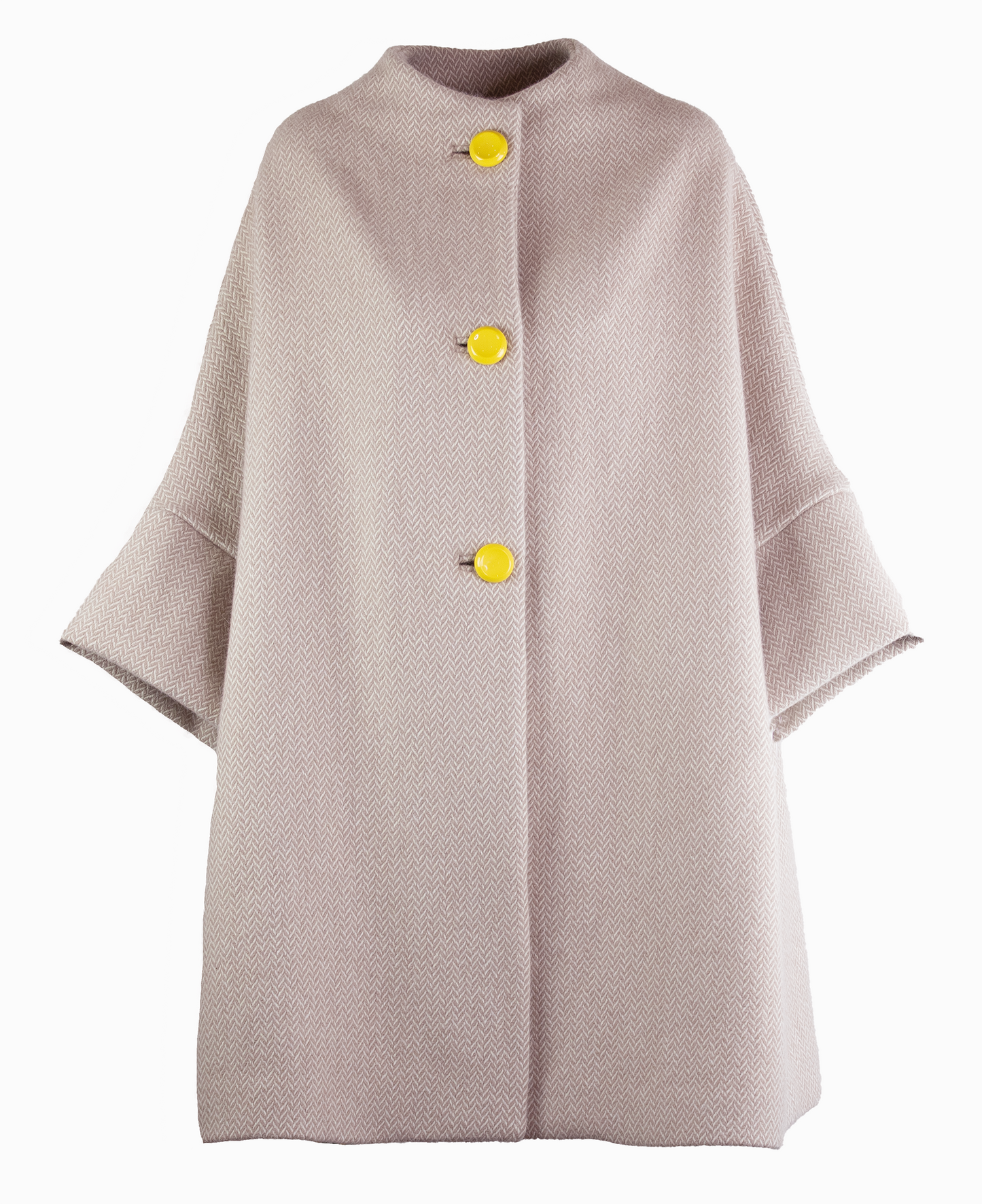 Calù • Cappotto linea a uovo in lana, cachemire e seta spigato rosa con bottoni gialli e fodera fantasia