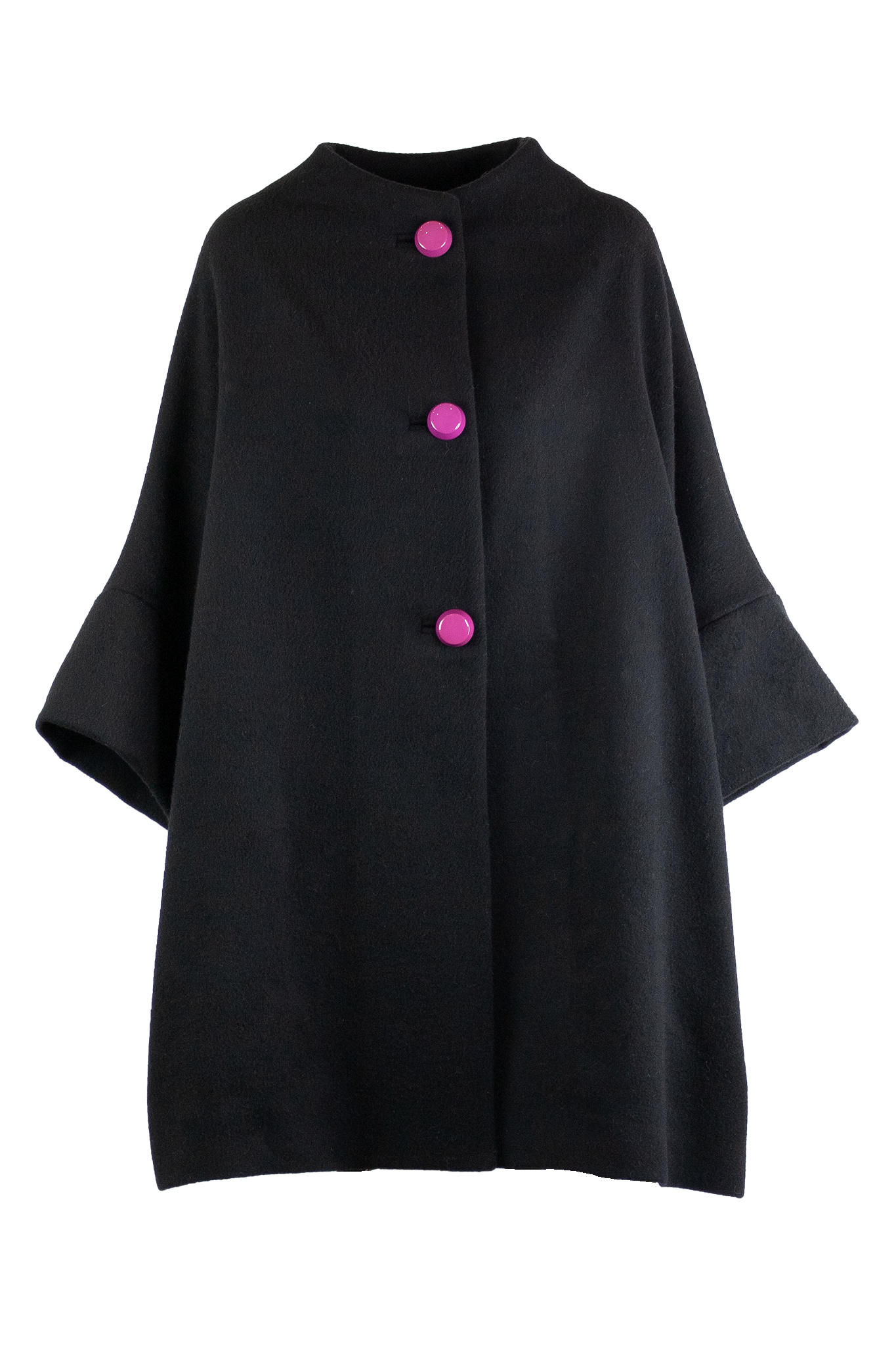 Calù • Cappotto linea uovo in lana e cachemire nero con bottoni fucsia e fodera fantasia