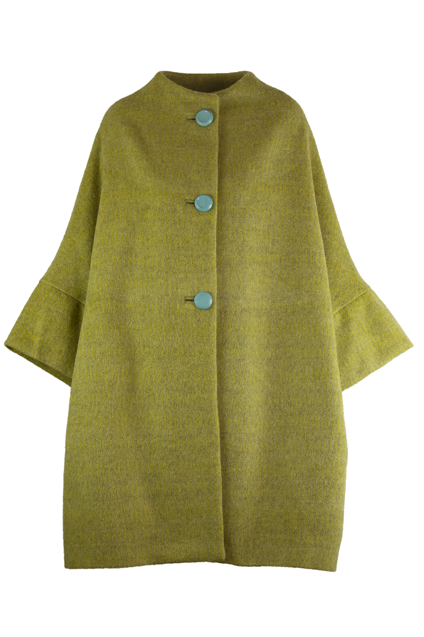 Calù • Cappotto linea a uovo in mohair e alpaca verde mela melange con bottoni celesti e fodera fantasia