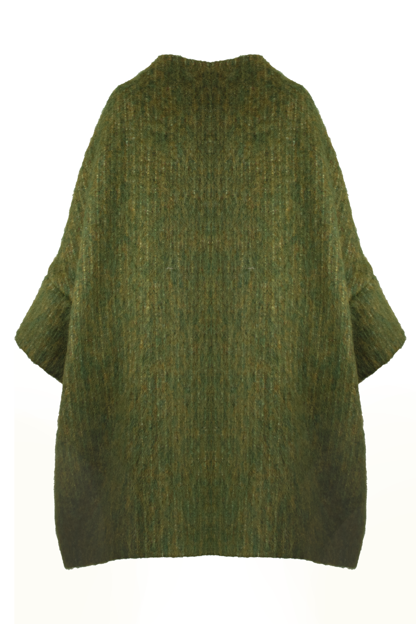 Calù • Cappotto linea a uovo in mohair e alpaca verde melange con bottoni gialli e fodera fantasia