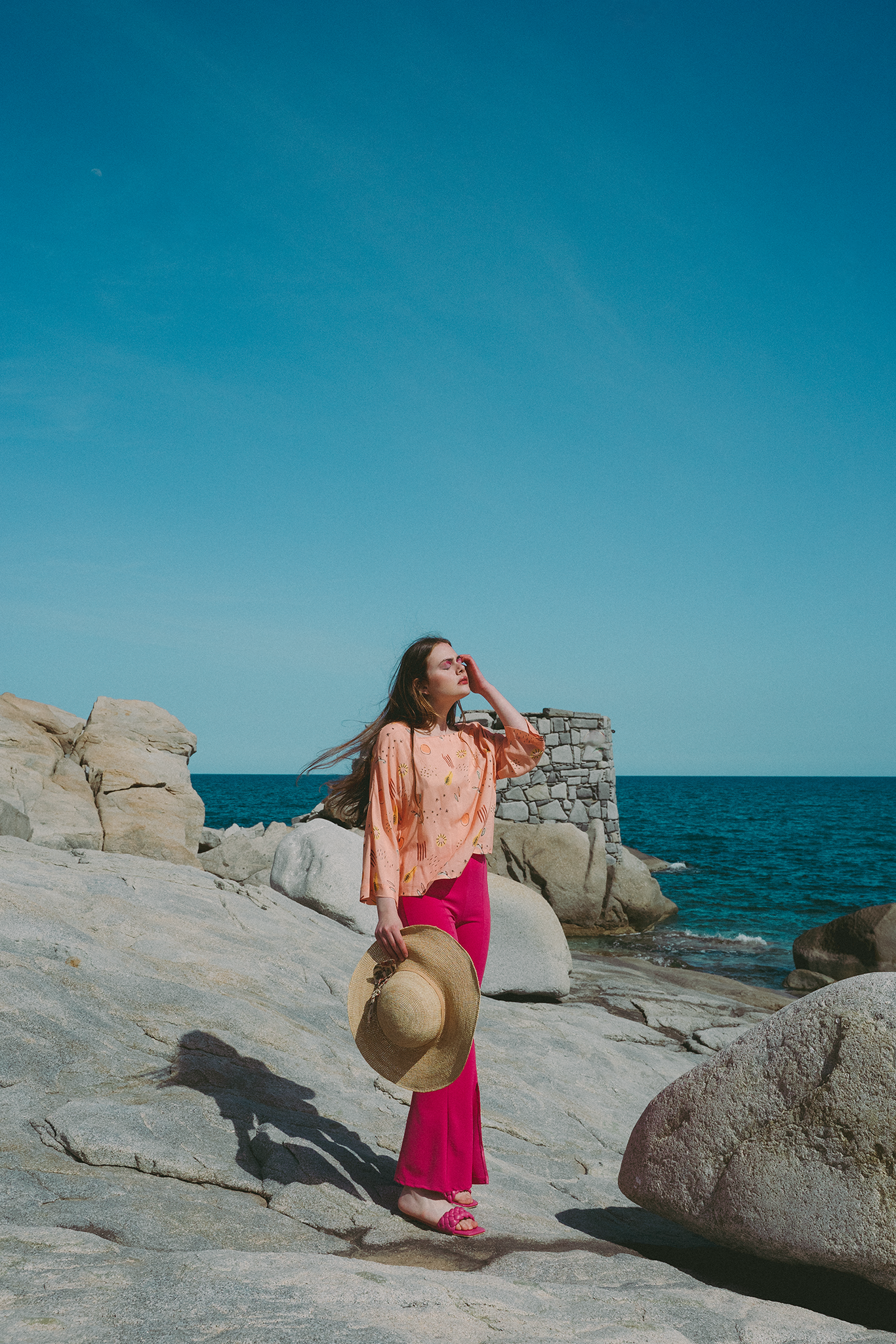blusa con scollo quadrato e maniche a kimono, rosa con fantasia multicolore