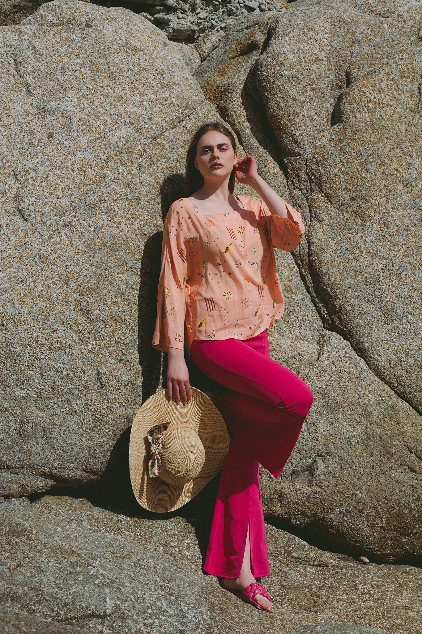 blusa con scollo quadrato e maniche a kimono, rosa con fantasia multicolore