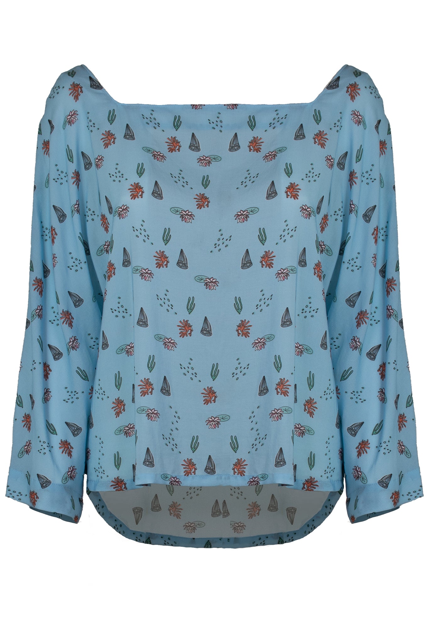 blusa con scollo quadrato e maniche a kimono, celeste con fantasia multicolore