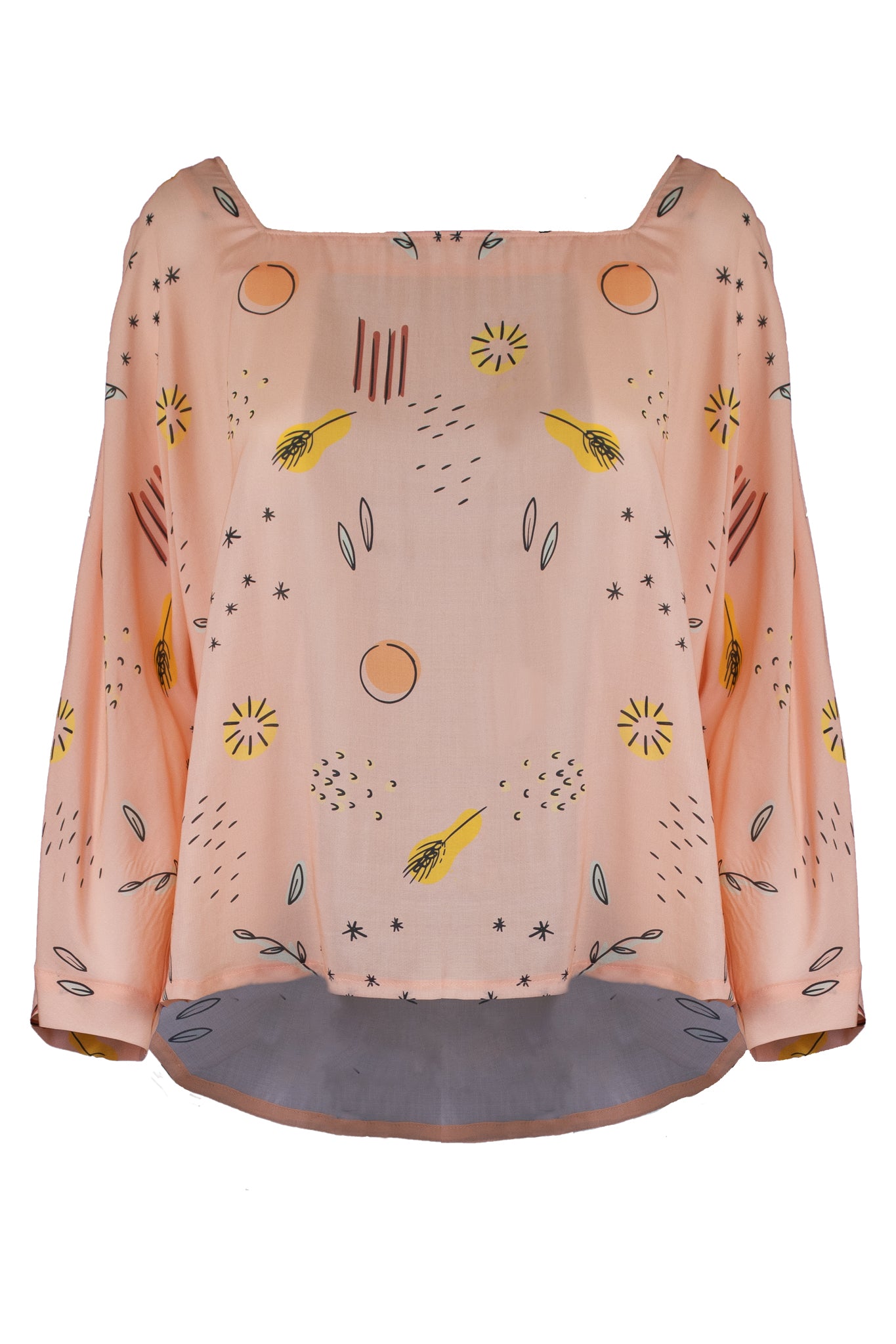 blusa con scollo quadrato e maniche a kimono, rosa con fantasia multicolore