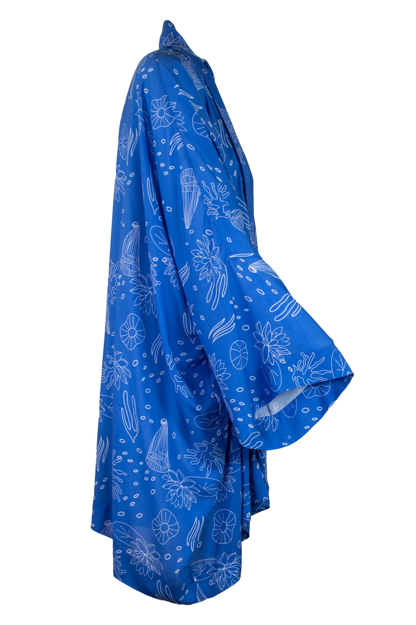 Kimono rissoli con collo sciallato azzurro con fantasia bianca