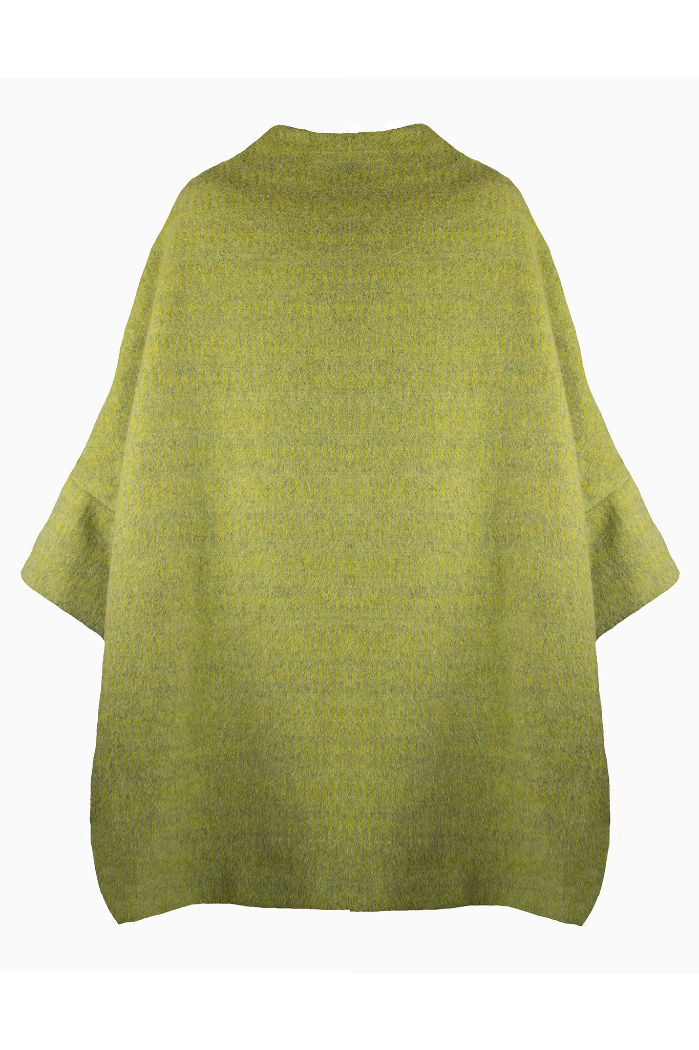 Calù • Cappotto linea a uovo in mohair e alpaca verde mela melange con bottoni celesti e fodera fantasia