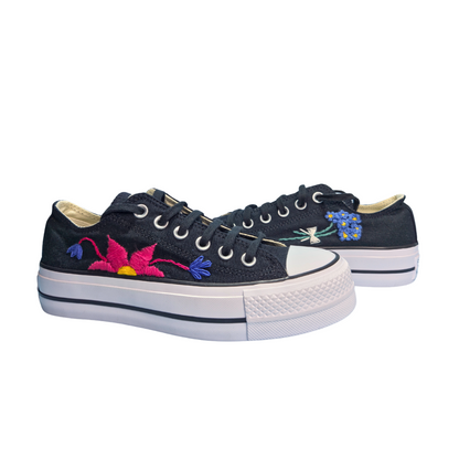 Sneakers Platform nere ricamo "Campi in fiore"