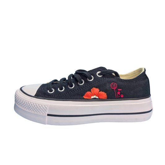 Sneakers Platform nere ricamo "Pop and flower"