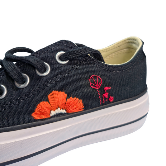 Sneakers Platform nere ricamo "Pop and flower"