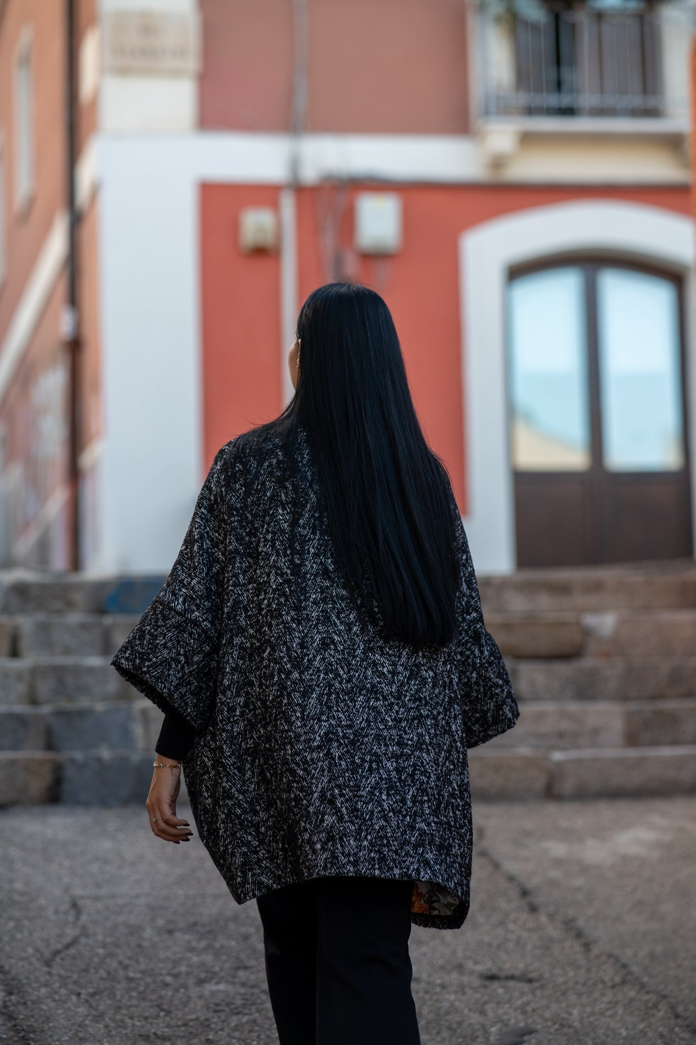 Calù • Cappotto in lana, cachemire spigato sale e pepe