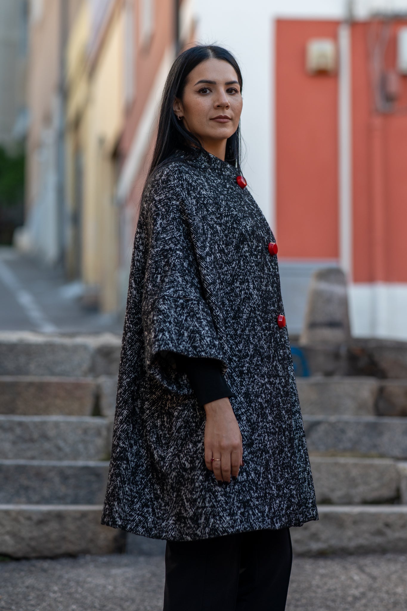 Calù • Cappotto in lana, cachemire spigato sale e pepe