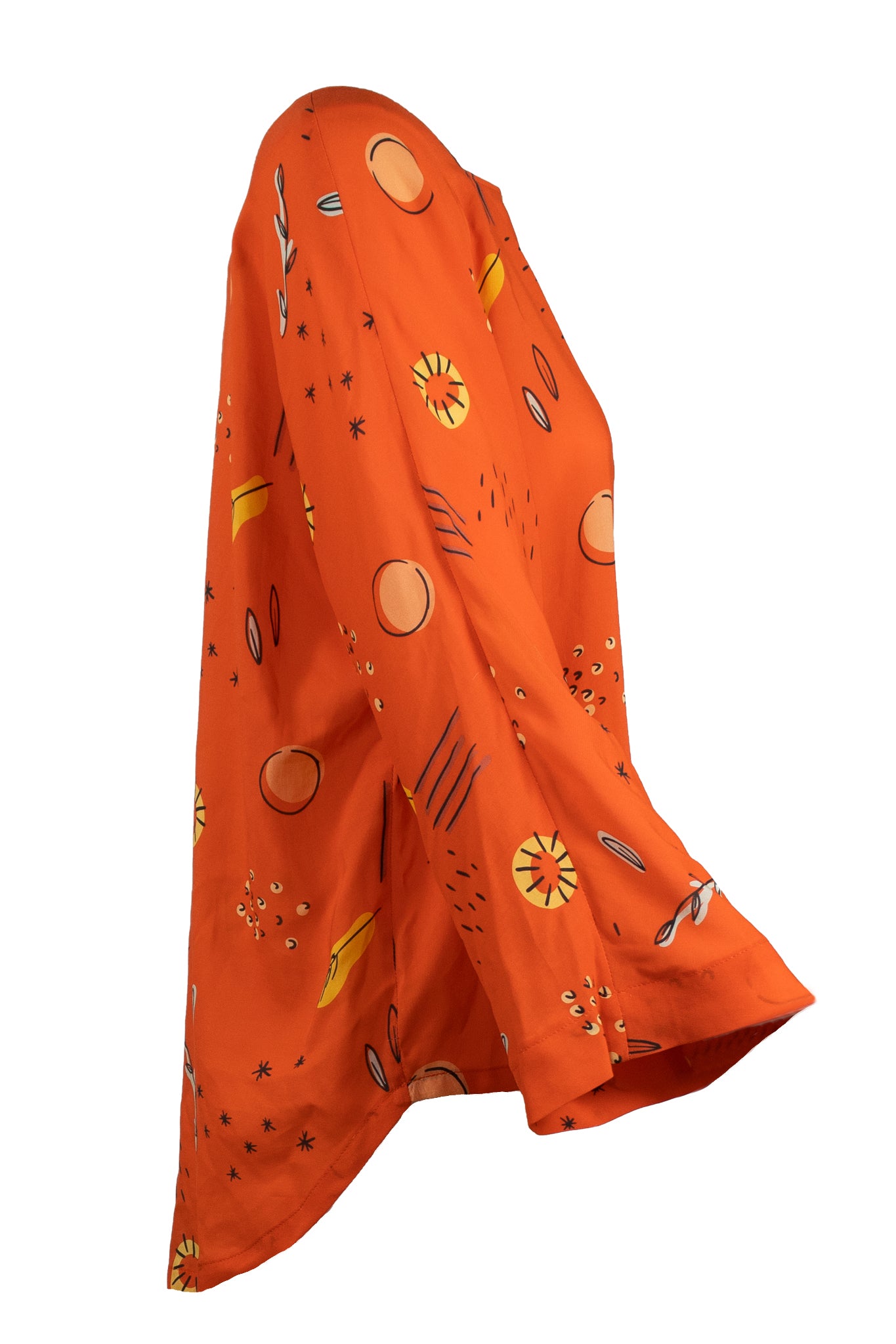 blusa con scollo quadrato e maniche a kimono, arancione con fantasia multicolore