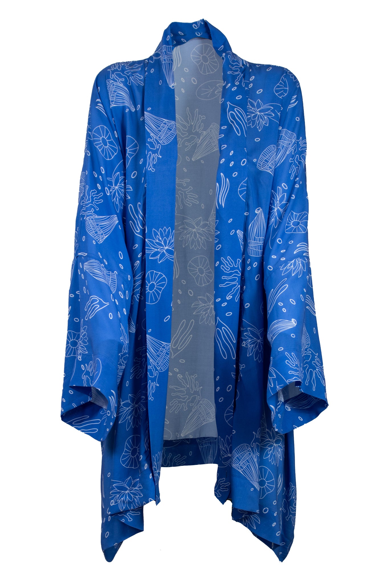 Kimono rissoli con collo sciallato azzurro con fantasia bianca
