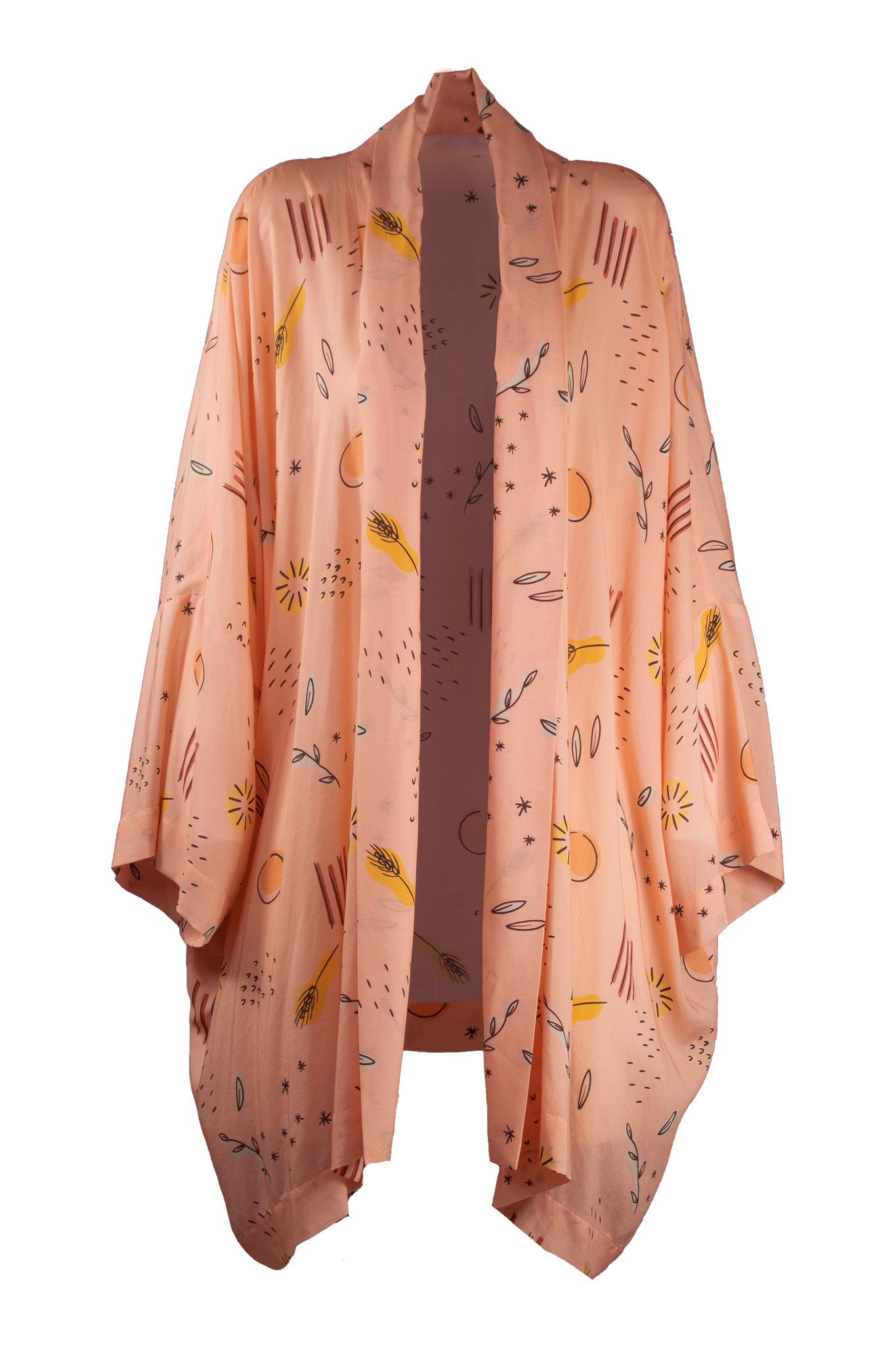 Kimono rissoli con collo sciallato rosa salmone con fantasia multicolore