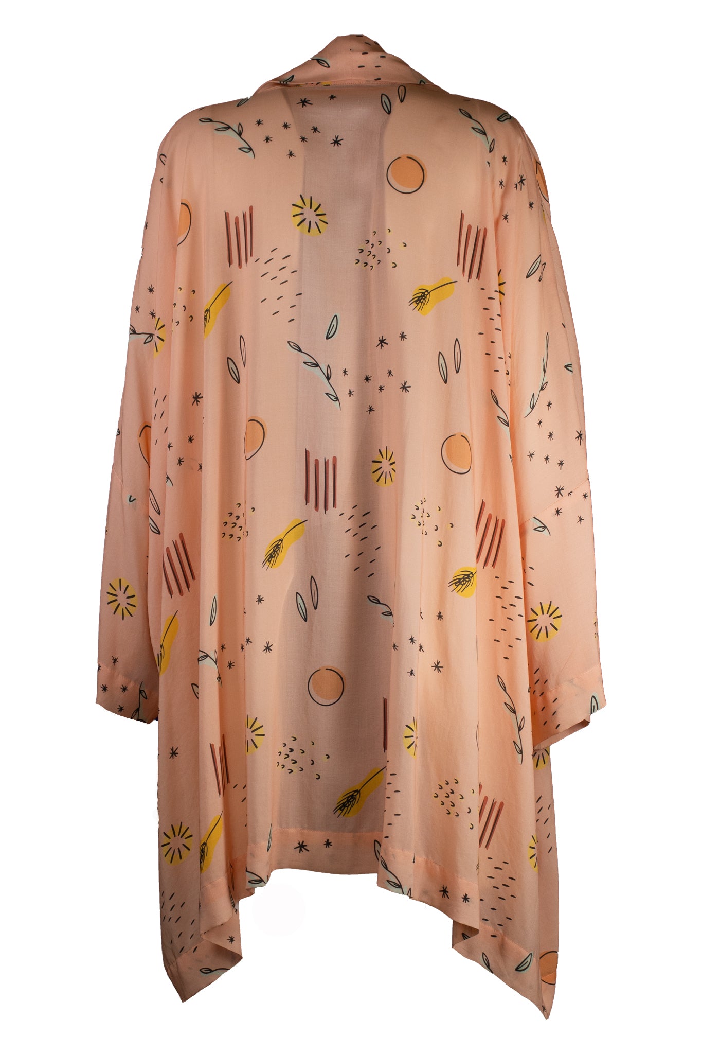 Kimono rissoli con collo sciallato rosa salmone con fantasia multicolore