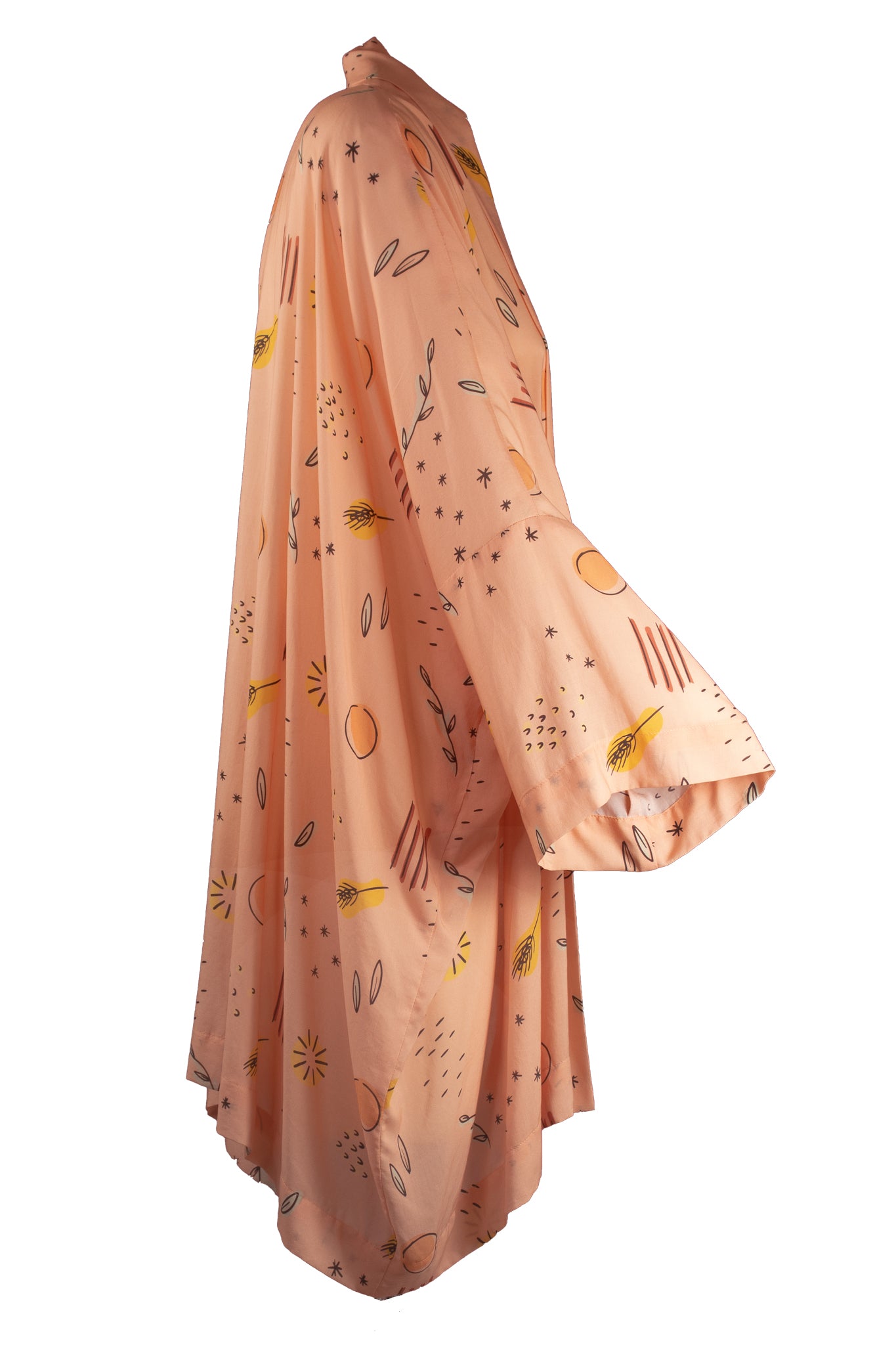 Kimono rissoli con collo sciallato rosa salmone con fantasia multicolore